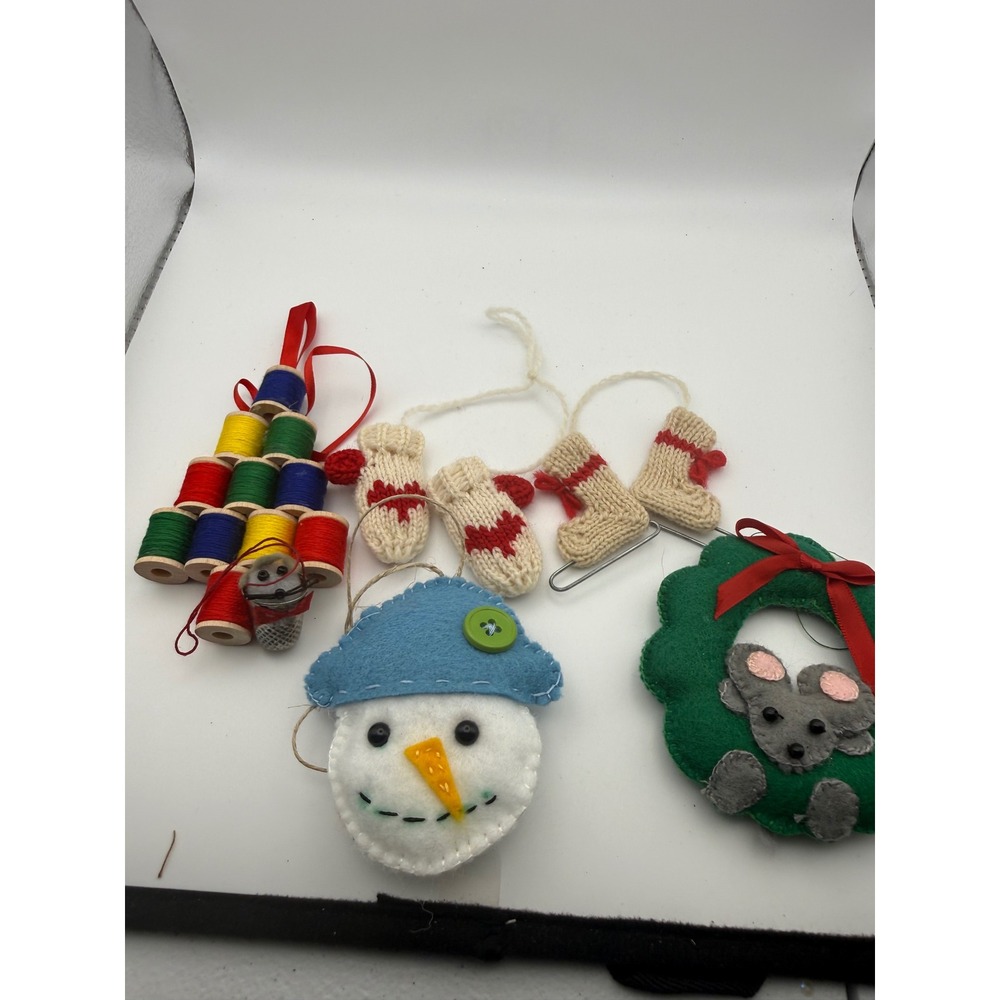Handmade Christmas Ornament Lot Felt Snowman Wreath Mouse Thread Spool Tree Knit